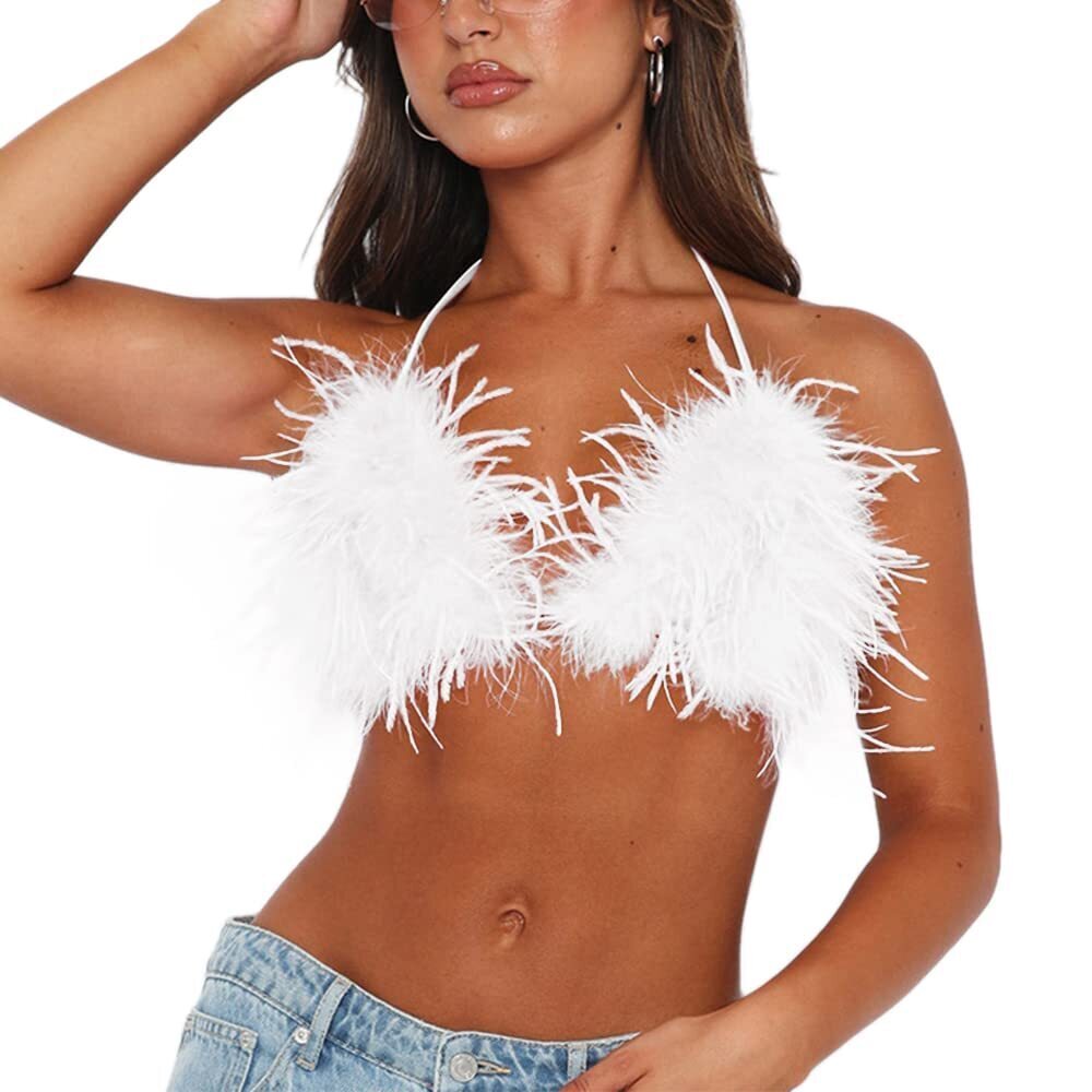 3551 Sexy Faux Fur Croptop Sleeveless Halter Bandage Bra Top Rave Festival
